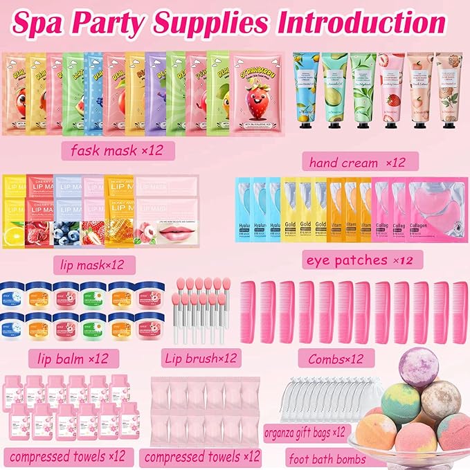 144 PCS Spa Party Supplies for Women, Spa Party Favors Include Face Masks Skincare,Hand Cream,Lip Mask,Comb and Foot Bath Bombs,Spa Birthday Sleepover Party Supplies for Women