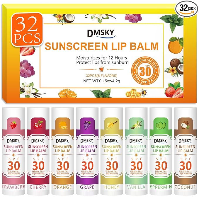 DMSKY SPF 30 Lip Balm Bulk 32 Pack, Clear Lip Sunscreen No White Cast, Broad Spectrum Sunblock for Lips with Vitamin E & Coconut Oil - Beach Essentials & Travel Size