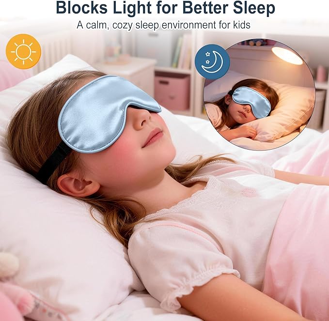 Kids Sleep Mask, Kids Eye Mask for Boys Girls, Kid Silk Eye Masks with Adjustable Strap for Sleeping, 100% Light-Blocking Sleep Eye Cover, Includes Protective Laundry Bag (Blue)