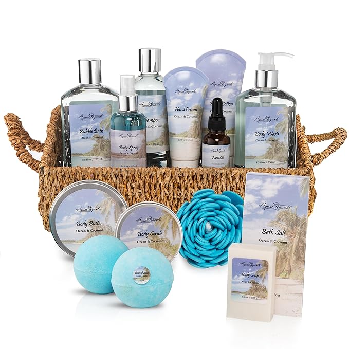 Aqua Elegante Bath Spa Gift Set - 15 Piece Premium Basket with Wash, Bubble Bath, Lotion, Salts, Body Scrub, Towel, Shower Puff, Bathbombs, Reusable Basket, Gifts for Women - Ocean & Coconut