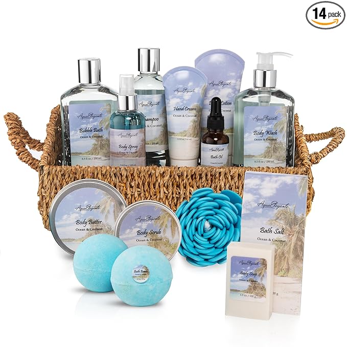 Aqua Elegante Bath Spa Gift Set - 15 Piece Premium Basket with Wash, Bubble Bath, Lotion, Salts, Body Scrub, Towel, Shower Puff, Bathbombs, Reusable Basket, Gifts for Women - Ocean & Coconut