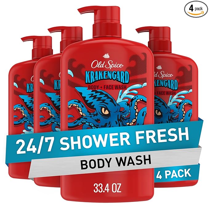 Old Spice Cleansing Body Wash for Men, 3X Defense, 24/7 Shower Fresh with Lasting Scent, 2-in-1 Body & Face Wash, Krakengard with Deep Ocean Scent, 33.4 (Pack of 4)