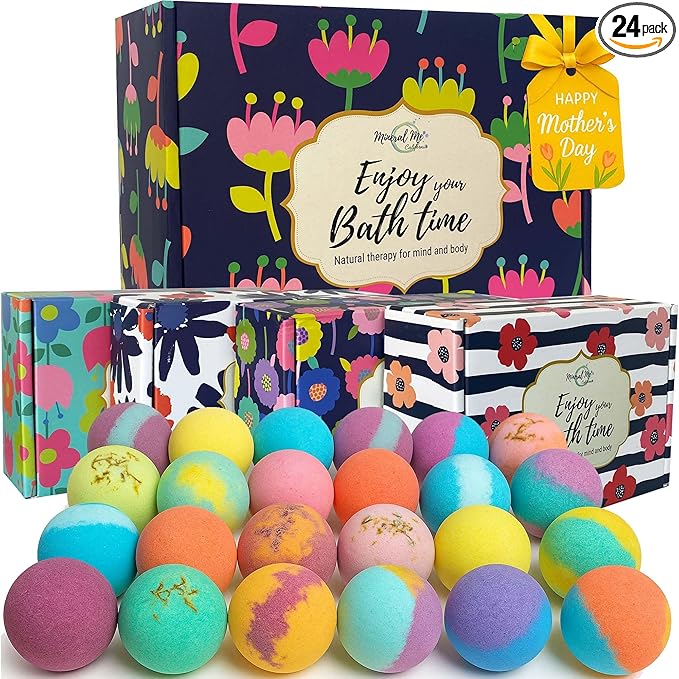 Bath Bombs for Women Gift Set - 24 Natural and Organic Bath Bombs with Essential Oils & Moisturizing Shea Butter, Spa Birthday Gift, Mothers Day Gifts for Mom, Selfcare Gifts, for Her, Girls, Kids