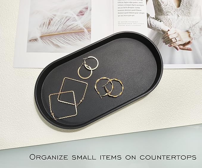 Black Small Tray (10 inch), 3 Pack Oval Tray for Kitchen Counter, Bathtub Bathroom Vanity Items, Countertop Organizer, Coffee Accessory, Bar, Serving Seasoning, Salt and Pepper, Soap.