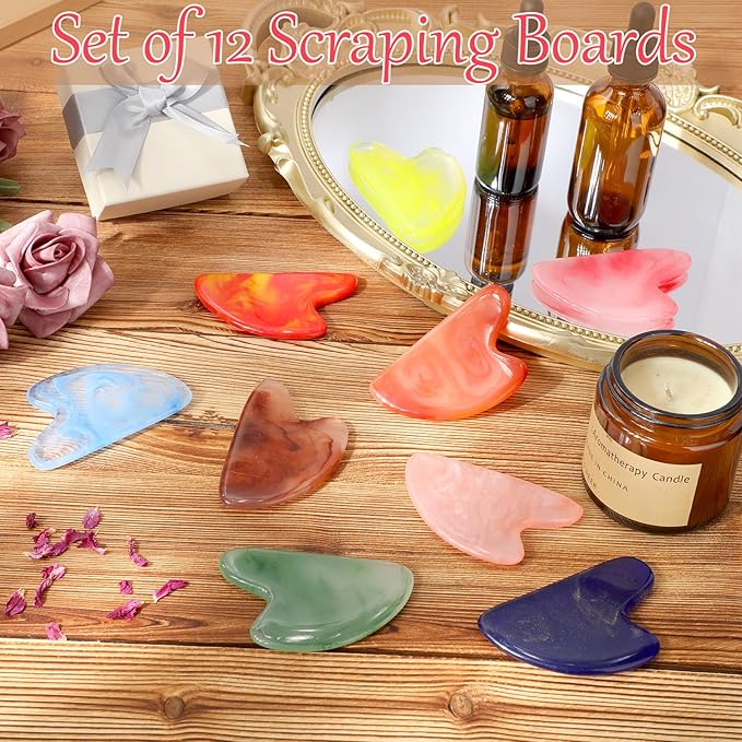Sherr 12 Pcs Gua Sha Facial Tools Resin Heart Shaped Massage Guasha Tool for Face Guasha Board for Face Body Skin Massage Spa Acupuncture Prevent Wrinkles, 12 Colors(Fresh Color)