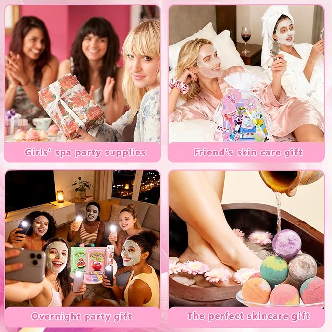 224 Pcs Spa Party Favors for Women, Include Facial Mask, Face Cream, Hand Creams, Lip Balms, Under Eye Patches, Lip Mask, Foot Bath Bombs, Sleepover Party Supplies Bulk Womens Gifts