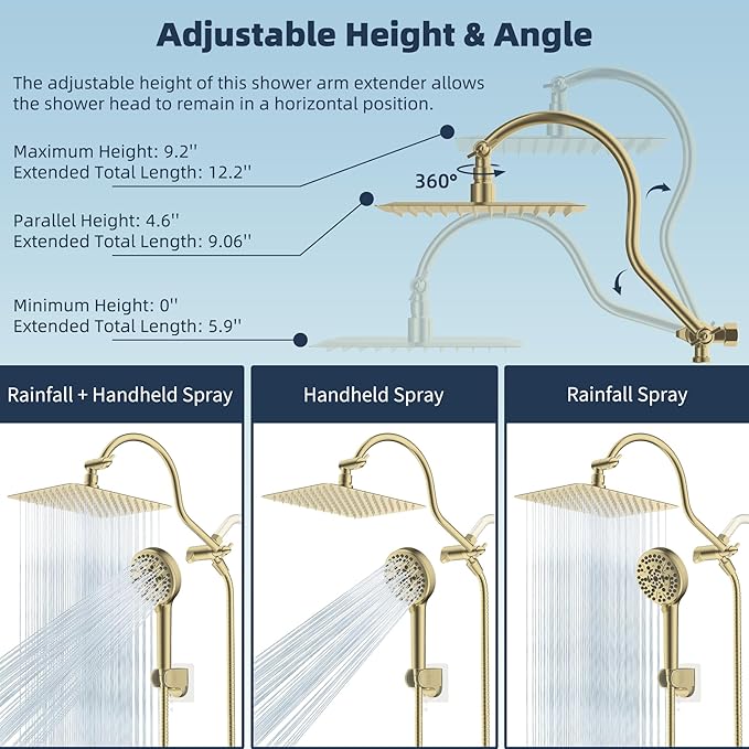 Hibbent All Metal CUPC Certified Shower Head, 10'' High Pressure Rainfall Shower Head, Handheld Showerhead Combo, 12'' Adjustable Extension Arm, 10 Sprays, 71'' Hose, Shower Holder, Brushed Gold