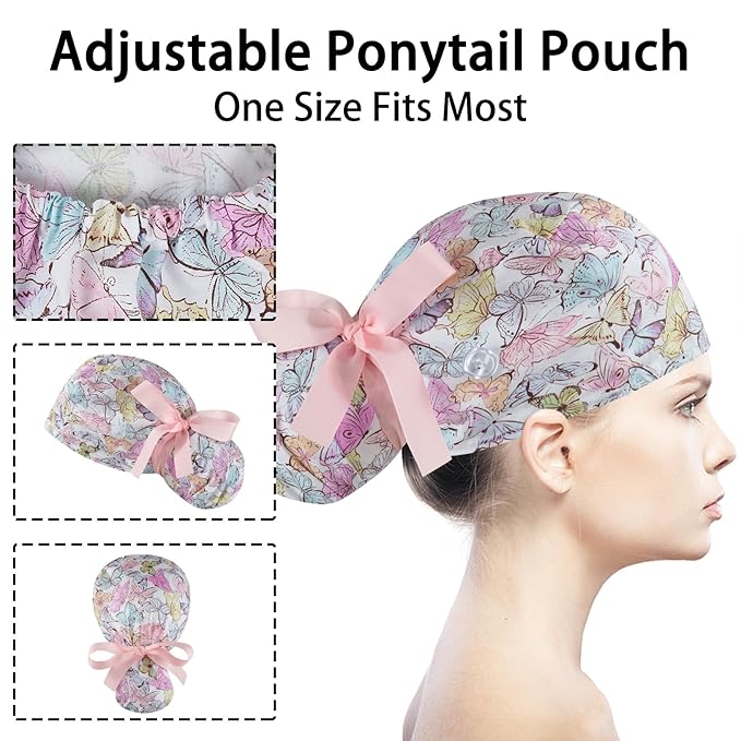 Scrub Caps Women Bouffant Scrub Hats Caps Nurses, Adjustable Working Cap Ponytail Pouch Tie Back Hats