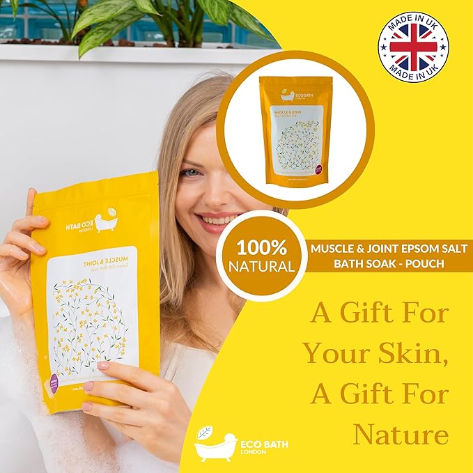 Eco Bath London Muscle & Joint Epsom Salt Bath Soak – Pouch 2.2 LB (1kg) | Made in UK | Magnesium Bath Salts with Lemongrass, Peppermint, Eucalyptus and Black Pepper Oils | Bath Salt for Recovery