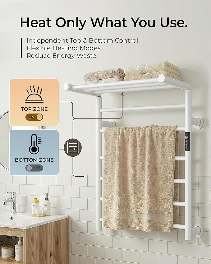 Foldable Heated Towel Rack, Dual-Zone Electric Towel Warmer Rack with Timer, GFCI Plug-in or Hardwired, Wall-Mounted, Drill-Free Installation, Matte White, CA3-900X550-Standard-MW