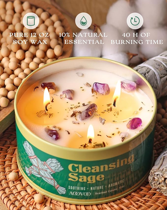 AOOVOO Sage Candle for Cleansing - 3 Wick 12oz Large Scented Candle with Crystals & Sage Leaves Inside, Soy Candles Non Toxic for Spiritual Gift, Aromatherapy Candle for Women Men Mother‘s Day
