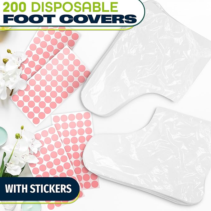 200 Pcs Plastic Foot Covers for Feet – 13 US Leak-Proof, Durable, Ribbed Anti-Slip Design with 200 Stickers for Snug Closure – Plastic Socks for Moisturizing Feet, Great for Wax Foot Care & Hydration