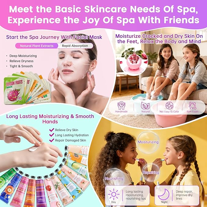 137 PCS Spa Party Supplies For Girls, Include Face Mask, Bath Bombs, Hand Cream, Eye Mask, Lip Mask, Lipstick, Hairband, Natural & Relaxing Sleepover Spa Gift Kit For 12 People, Gentle Moisturizing
