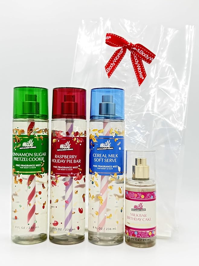 Bath & Body Works Milk Bar Collection 4-Piece Body Spray Gift Set | Includes: 8oz Cinnamon Pretzel Cookie, 8oz Raspberry Holiday Pie Bar, 8oz Cereal Milk Soft Serve and 2.5oz Birthday Cake
