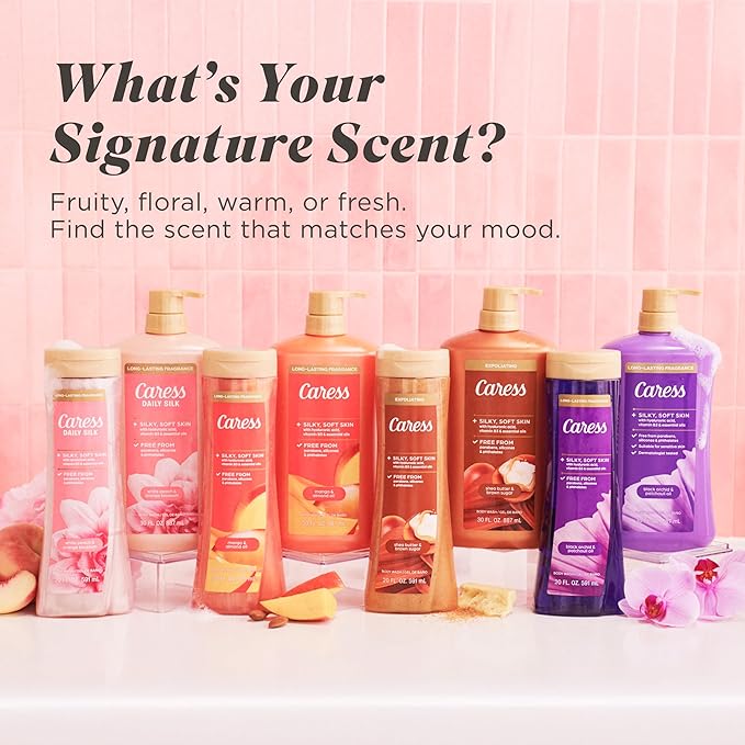 Caress Tahitian Pomegranate & Coconut Milk Exfoliating Scrub Body Wash with Hyaluronic Acid & Vitamin B3 for Moisturized, Silky Soft Skin, Long-Lasting Fragrance, 20 fl oz (4 Pack)