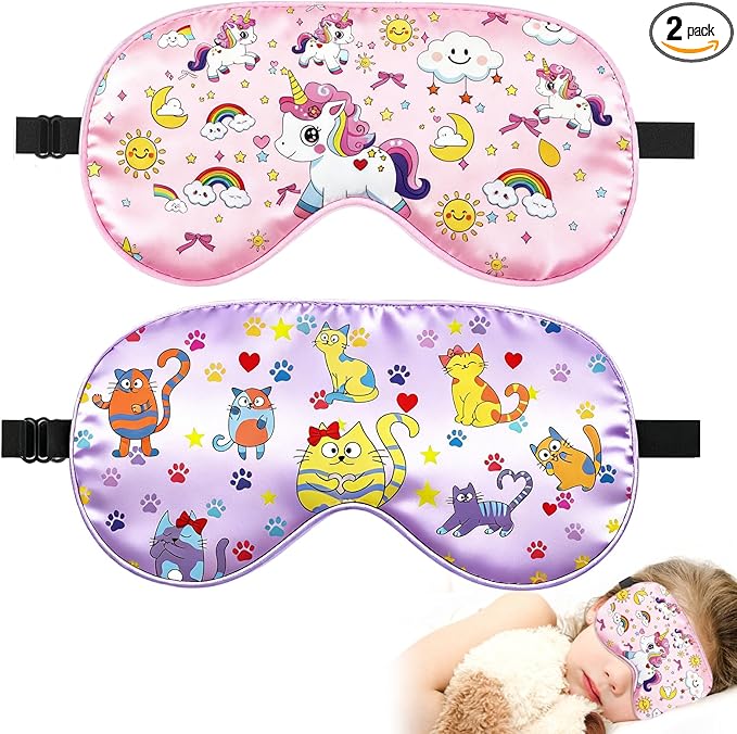 2 Pcs Sleep Mask for Kids Girls, Silk Eye Covers for Sleeping, Adjustable Strap & Light Blocking Design, Children's Bedtime Blindfold for Travel and Home Use (Rainbow Unicorn)