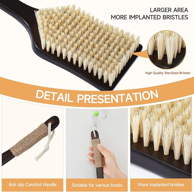 Back Scrubber Shower Brush,Dry Brushing Body Brush with 17.7 Inch Curved Long Handle, Natural Bristles for Lymphatic Drainage, Soft & Stiff Bristles Available (Natural Fiber, Soft)