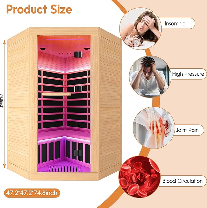 OUTEXER 2-3 Person Sauna Corner Sauna Far Infrared Saunas Room Home Canadian Hemlock Indoor 2100W Low-EMF Dry Saunas with 7 Color Therapy 47.2 * 47.2 * 74.8inch