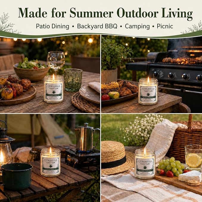 Citronella Candles Outdoor - 6 Pack Natural Soy Wax Citronella Candles for Patio,Garden,Yard, Balcony BBQ, Camping, Party, up to 200 Hours Burning Summer Outside Candle Set
