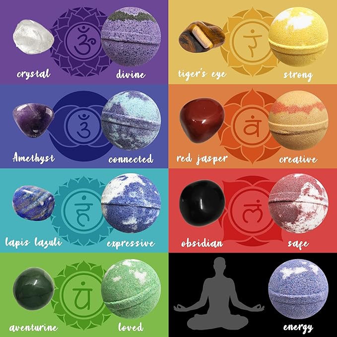 Chakra Healing Gemstones Bath Bombs. 15 Essential Oil Bath Bombs. Real Chakra Stones Bath Bombs for Adults. Perfect for Yoga Lovers. Meditation, Balancing, Positive Energy, Sleep, Reiki & Yoga Lovers