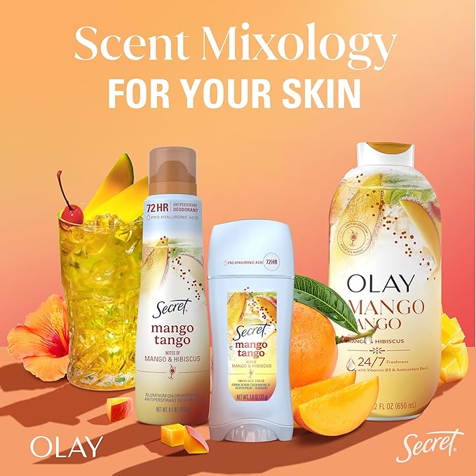 Secret Fresh Antiperspirant Deodorant for Women, 72hr Freshness on the Rocks with Pro-Hyaluronic Acid, Miami Mocktails Edition, Invisible Solid, Mango Tango with Mango & Hibiscus Scent, 2.6 oz