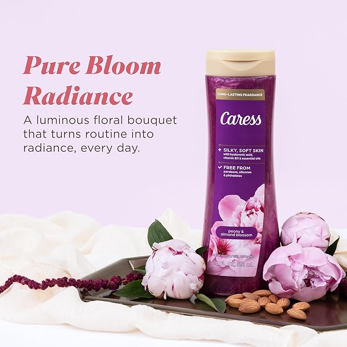 Caress Peony & Almond Blossom Body Wash, Hyaluronic Acid & Vitamin B3 for Moisturized, Silky Soft Skin, Long-Lasting Floral Bouquet Fragrance, 20 fl oz (4 Pack)