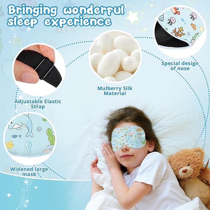 Kids Sleep Mask Eye Cover: 100% Real Natural Pure Silk Eye Mask with Adjustable Strap, Funny Blindfold Kids Eye Mask for Sleeping, Soft & Lightweight Eye Shade for Boys Girls Teens (Ocean Style)