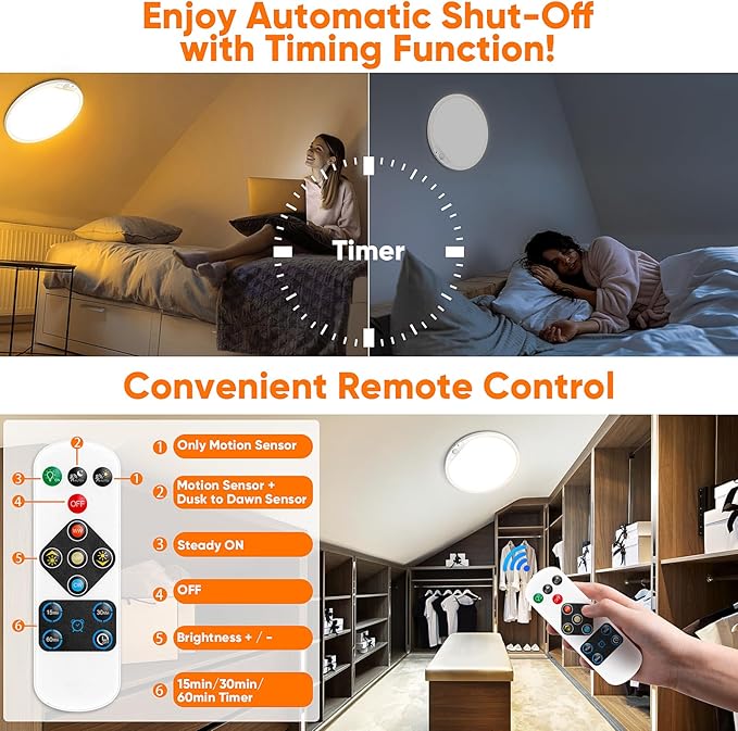 10000mAh Rechargeable Motion Sensor Ceiling Light with Remote, Battery Operated Closet Light No Wiring, Magnetic Wireless LED Ceiling Lights, 3 Color Overhead Lamp for Shower Office Pantry Hallway