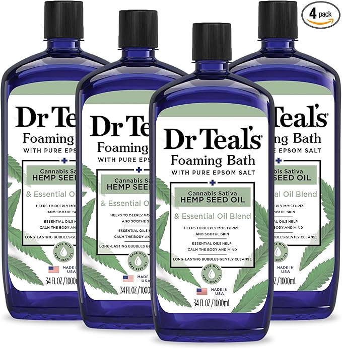 Dr Teal's Foaming Bath with Pure Epsom Salt, Cannabis Sativa Hemp Seed Oil, 34 fl oz (Pack of 4)