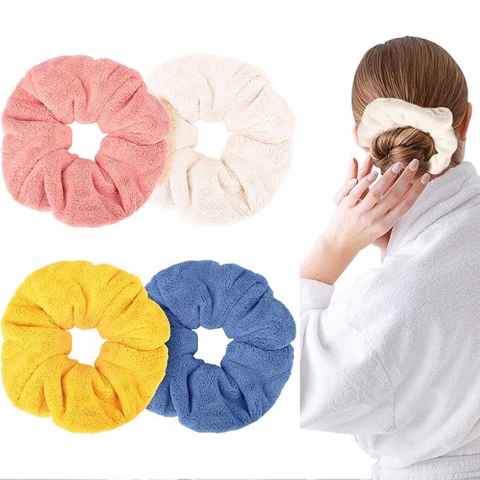 4 Pieces Large Towel Microfiber Drying Soft Scrunchies Thick Scrunchies Fuzzy Scrunchy Ponytail Holder for Hair Light Bobbles Ropes Wet and Dry Hair Accessories (Classic Colors)