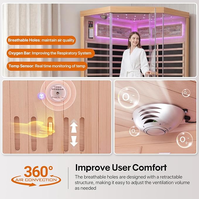 OUTEXER Sauna Corner Saunas for 2-3 Person 120V Home Indoor Canadian Hemlock Far Infrared Saunas 1935W Low-EMF Dry Saunas with 7 Color Starry Sky Ceiling Light Therapy 47.2 * 47.2 * 74.8inch