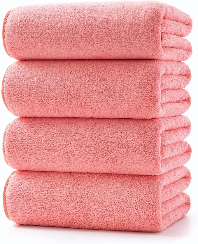 Lumimi Towels 4 Piece Soft Microfiber Bath Towel Set Salon Gym Yoga Travel Incredibly Absorbent Lightweight Quick Dry and Durable, 55" L x 27" W, 4 Pack Pink Red