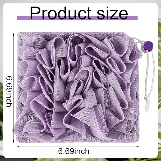3 Pcs Washcloth Loofah Combo, 2 in 1 Bath Loofah Sponge with Drawstring, Exfoliation Mesh Shower Puff Ball for Body Wash Cleansing and Smooth Skin (Purple Pink Beige)