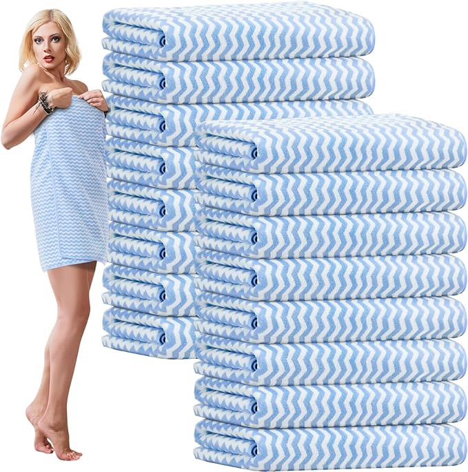 SmoothNovelty 16 Pack Microfiber Bath Towels Bulk 27'' x 60'' Oversized Size Bath Towel Highly Absorbent Extra Large Soft Drying for Beach Shower Summer Salon Sport Gym Party (Wave,Blue)
