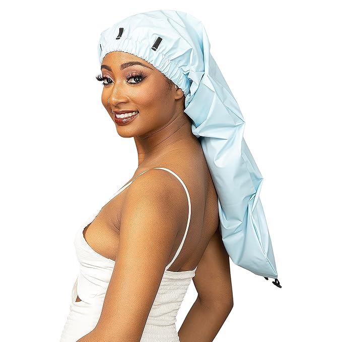 Esha Girl - Shower Cap for Extra Long Hair, Braids, Locs, Twists – Waterproof – Snug Fit Guarantees No Leaks – Easy Button Up (Light Blue, Long (22.3" x 9"))