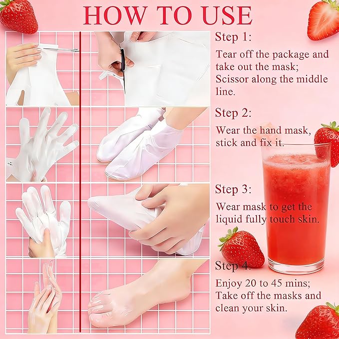 6-Pack Strawberry Nicotinamide Hand & Foot Mask (3 Hand/3 Foot,) - Home Spa Experience with PAS for Hands & Feet - Hydrating & Moisturizing, Strawberry Scent for Dry Rough Skin