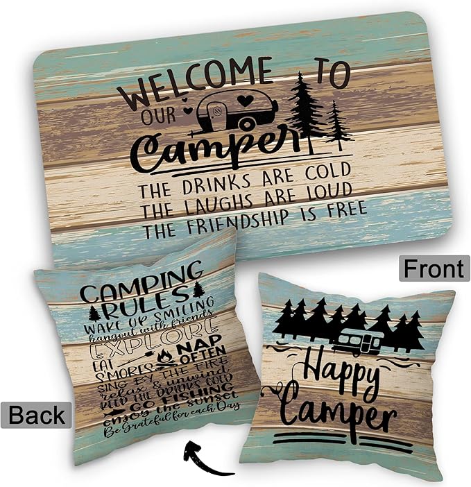 Welcome to Our Camper Soft Diatom Mud Absorbent Bath Rug 17'x30',Reversible Throw Pillow Cover 18'x18',Set of 1 Pillow Cover 1 Doormat,Campsite RV Decor,Camper Gifts