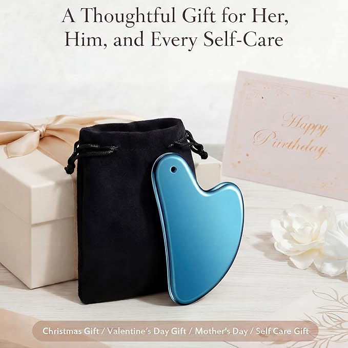 Nuanchu Stainless Steel Gua Sha Facial Tool, Metal Gua Sha for Lymphatic Drainage, Guasha Face Sculpting Double Chin Reduce with Pouch Mother Day Self Care Gift(Blue)