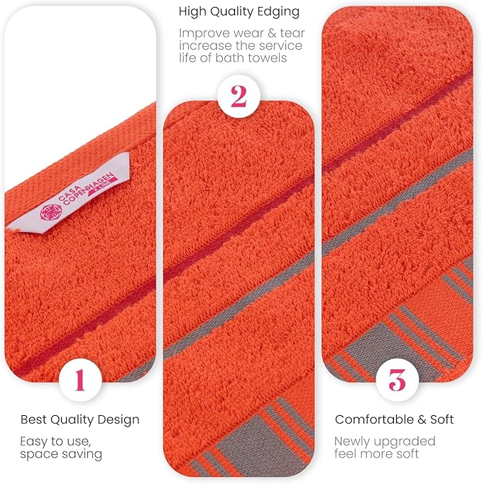 CASA COPENHAGEN X Line 2Pcs 100% Egyptian Cotton Large Designer Bathsheet Towels Gift Set- Grey - Red, 600GSM, 35"x70" 2Bath Sheet Towels for Bathroom Set for Women & Men