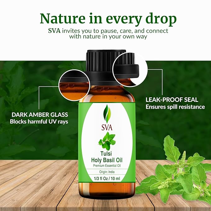 SVA Holy Tulsi Essential Oil – 1/3 Fl Oz – 100% Natural Tulsi Oil - for Diffuser, Hair Care, Face, Skin Care, Aromatherapy, Scalp and Body Massage, Soap and Candle Making