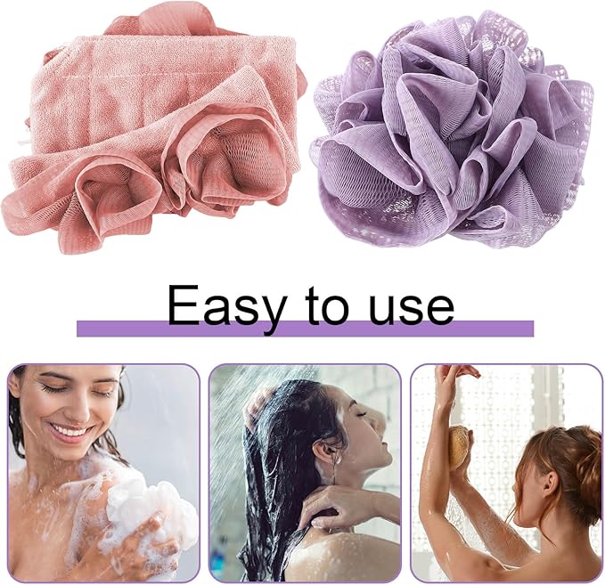 6 Pcs Washcloth Loofah Combo, 2 in 1 Bath Loofah Sponge with Drawstring, Exfoliation Mesh Shower Puff Ball for Body Wash Cleansing and Smooth Skin (Light Color)