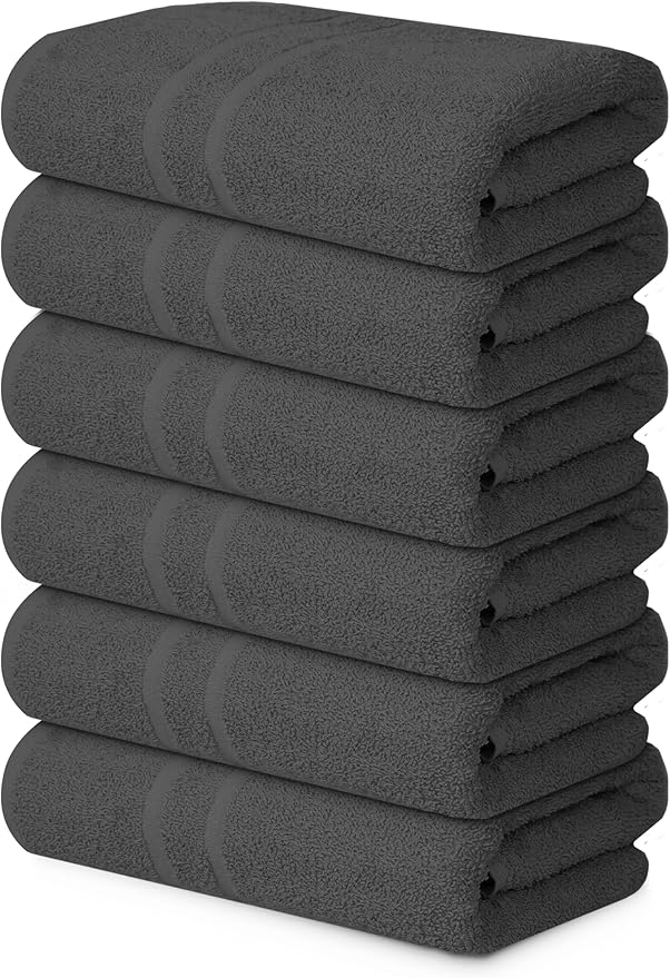 Basic Medium Bath Towels 24x48 Inches – Pack of 6 – Grey Color – Soft and Absorbent Multipurpose Cotton Towels for Bathroom, Spa, Gym, Salon, Hotel, Clinics and Everyday Use