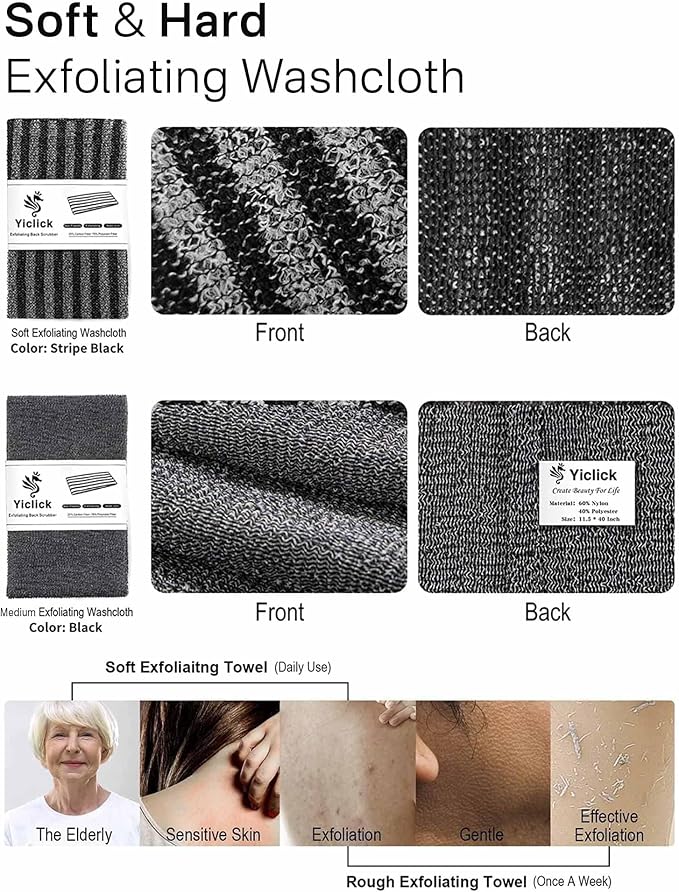 Yiclick Exfoliating Washcloth Towel - Exfoliating Body Scrubber, Back Scrubber for Shower, Loofah Sponge Wash Cloth, Korean Japanese & African Net Sponge Rag, Exfoliator Washer for Use in Shower Bath