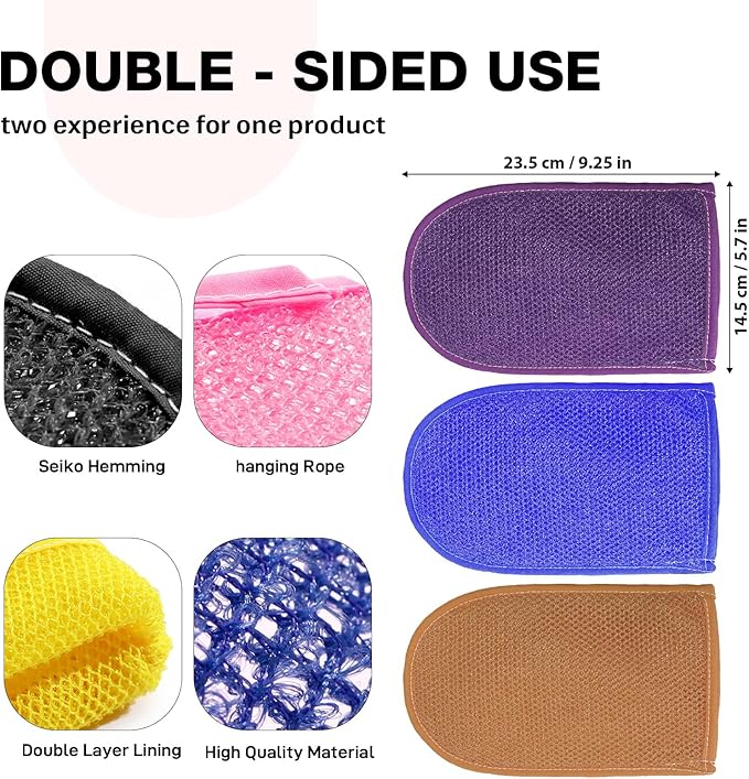 African Net Sponge Exfoliating Gloves, 3-Pack Bath Mitts for Deep Cleaning & Dead Skin Removal, Assorted Colors （Brown, Blue, Purple）