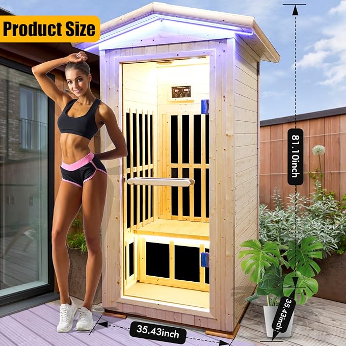 OUTEXER Outdoor Sauna Wooden Far Infrared Saunas Spa 1550W Low-EMF Dry Sauna Room for One Person Finland Spruce Wood
