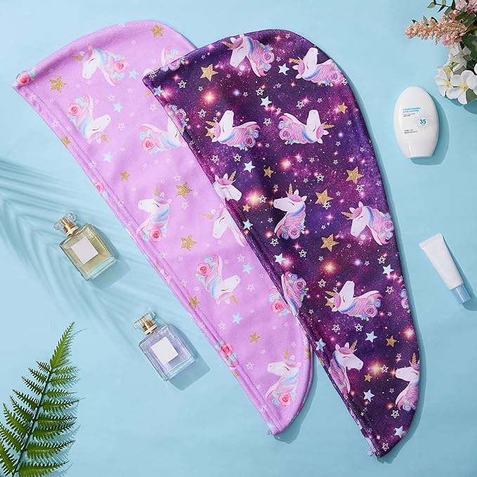 FIOBEE Microfiber Hair Towel Wrap for Kid Rapid Drying Towel Absorbent Hair Turbans for Wet Hair with Button Women Girls Long Curly Hair Pack of 2, Purple