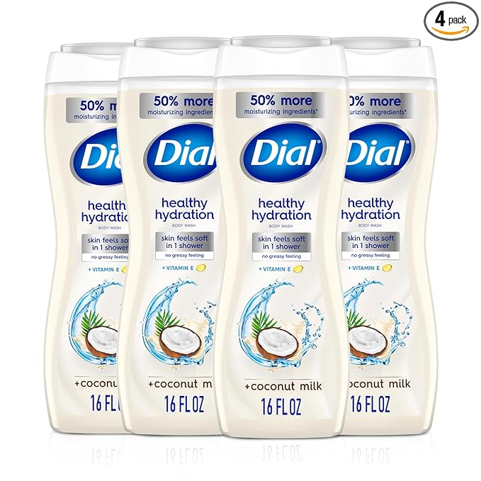 Dial Body Wash, Healthy Hydration, Coconut Milk + Vitamin E, 16 fl oz (Pack of 4), Gentle, Leaves Skin Feeling Soft In 1 Shower, Dermatologist-Tested, No Parabens & Silicones
