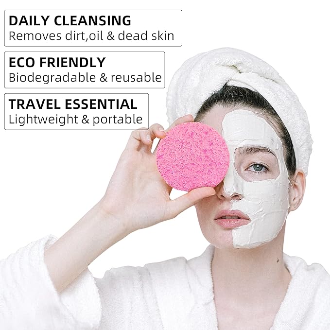 60-Count Compressed Facial Sponges|100% Natural Kickleen Cellulose Cosmetic Spa Sponges for Daily Facial Cleansing|Makeup and Mask Removal | Exfoliating | Skin Massage | Pore Exfoliation(Pink)