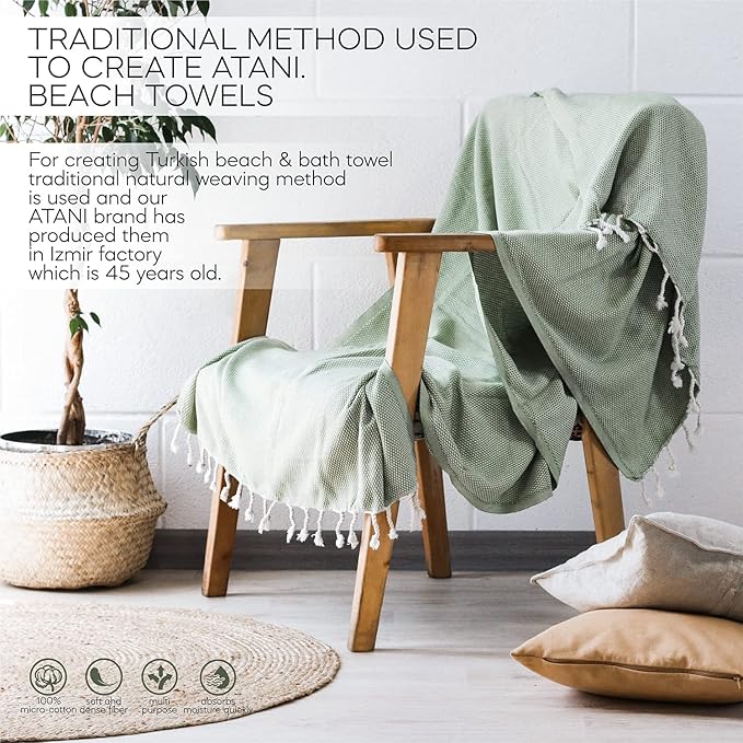 ATANI 69x35 in Oversized Turkish Beach Towel Set with Tote Bag – Quick-Dry 100% Turkish Cotton Peshtemal, Sand-Resistant, Lightweight for Shower, Travel, Pool, Yoga (Green)