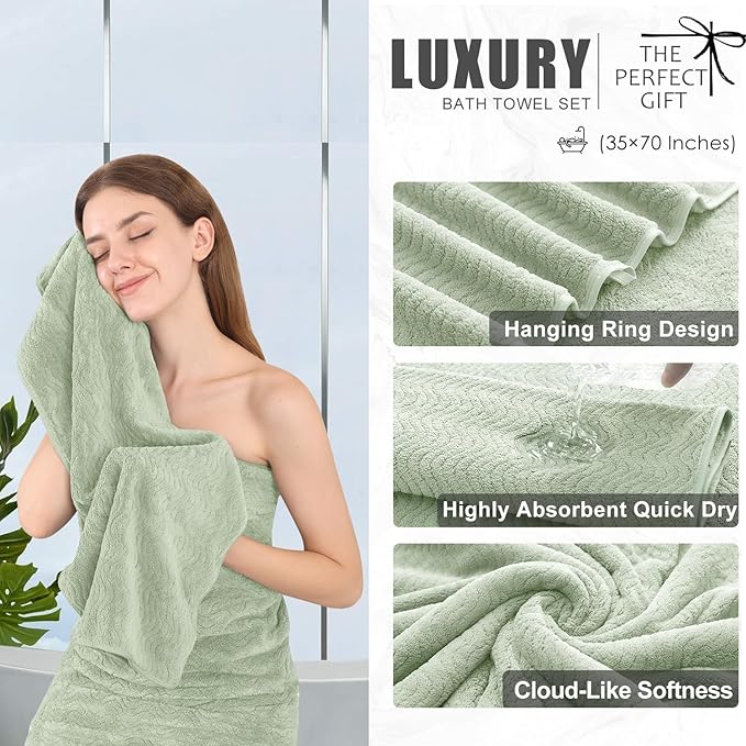 4 Piece Extra Large Bath Towel 35"x70" Oversized Bath Sheet Green Bath Towel Set for Bathroom Ultra Soft Cozy Highly Absorbent Quick Dry Bathroom Towel for Spa Gym Hotel,Shower Towel for Daily Use